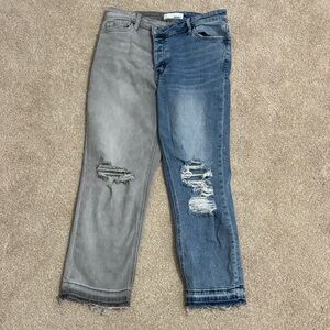 Stylish Gray and Blue Distressed Straight Leg Jeans